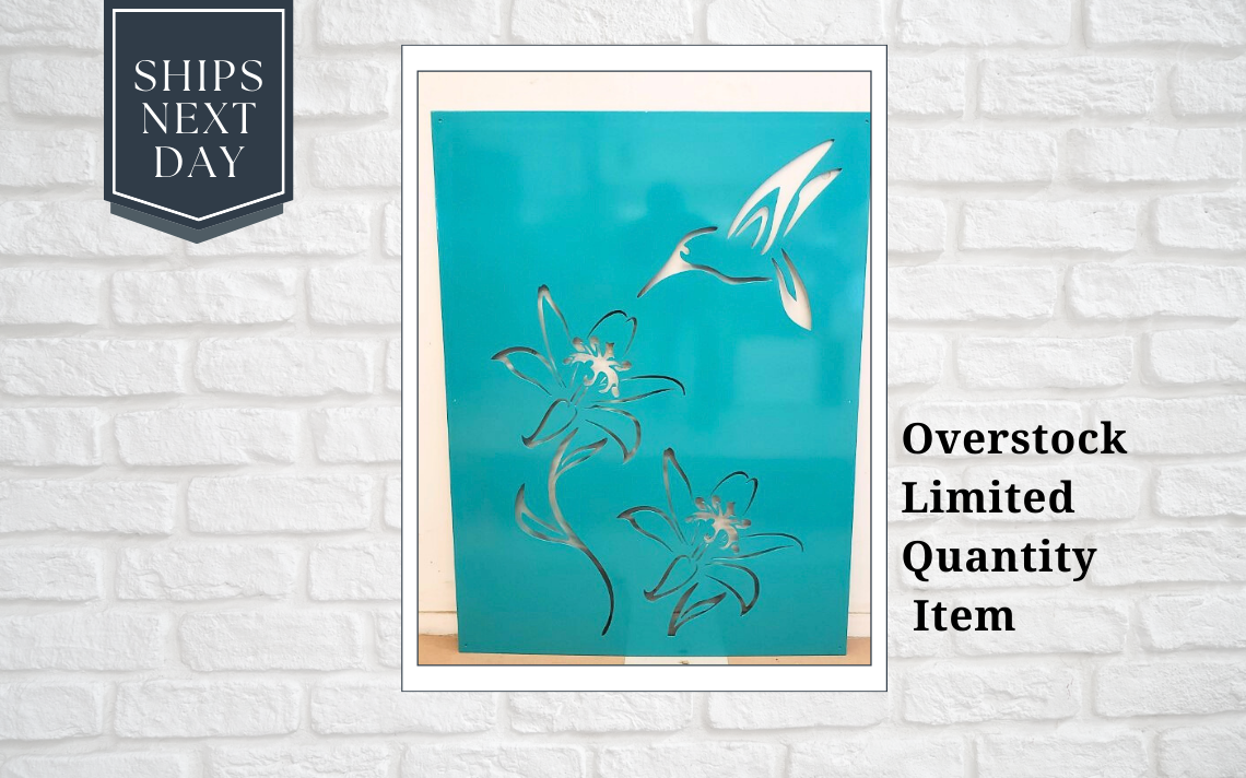 Hummingbird Flower 36"W x 48"H Turquoise Blue Privacy Screen, wall decor panel