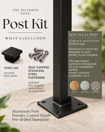 A product infographic for a post kit showing an aluminum post with a powder-coated finish, a black post cap, and stainless steel fasteners. The graphic includes text detailing what is included and a note clarifying that surface mounting hardware is not included.