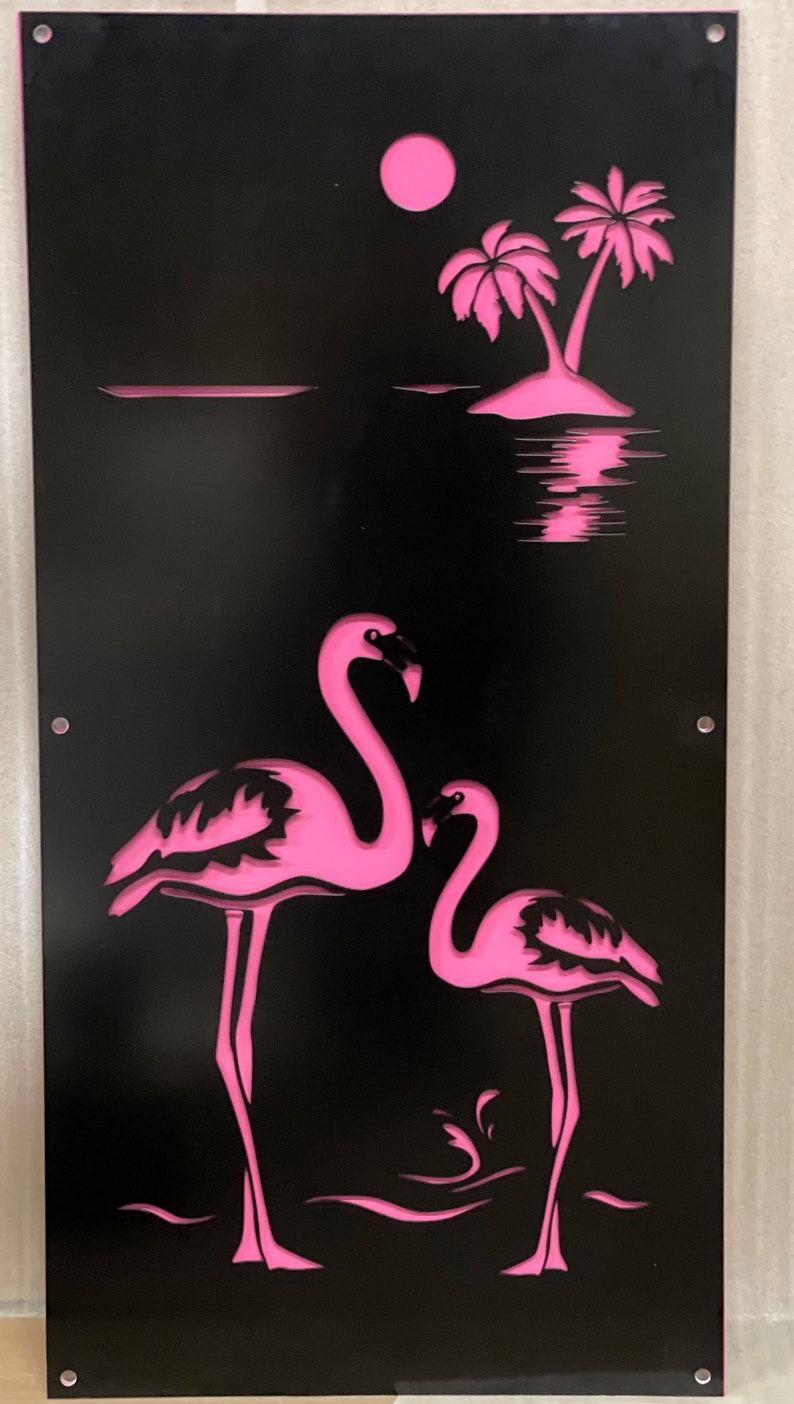 Flamingo w/Accent - 24"W x 48"H - Metal Decorative Panel Privacy Indoor Outdoor Garden Fence