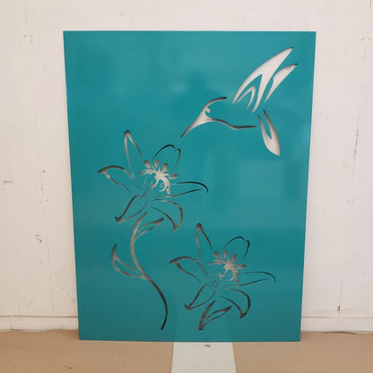 Hummingbird Flower 36"W x 48"H Turquoise Blue Privacy Screen, wall decor panel