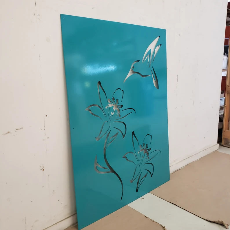 Hummingbird Flower 36"W x 48"H Turquoise Blue Privacy Screen, wall decor panel