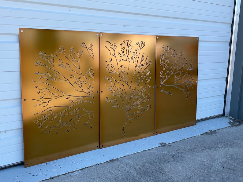 Abstract Tree 3-Panel Set 24"W x 48"H Transparent Gold with Wall Standoffs, Privacy Panel