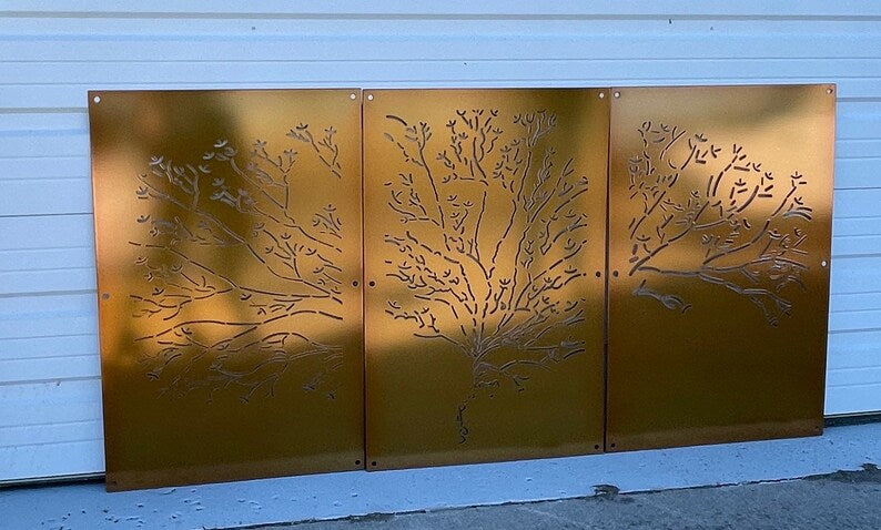 Abstract Tree 3-Panel Set 24"W x 48"H Transparent Gold with Wall Standoffs, Privacy Panel