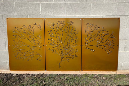 Abstract Tree 3-Panel Set 24"W x 48"H Transparent Gold with Wall Standoffs, Privacy Panel