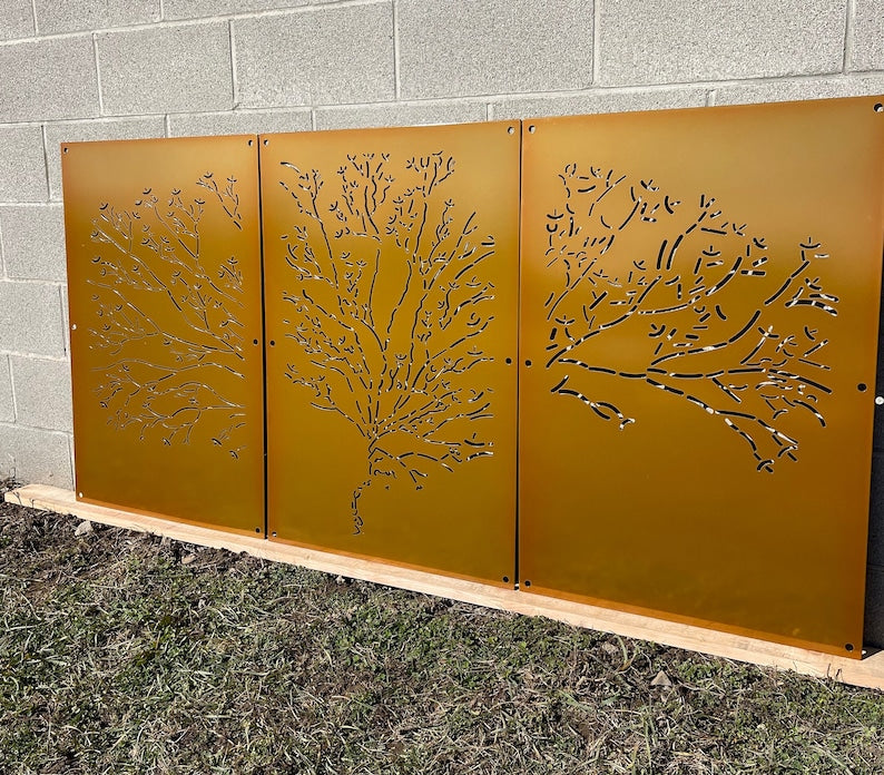 Abstract Tree 3-Panel Set 24"W x 48"H Transparent Gold with Wall Standoffs, Privacy Panel